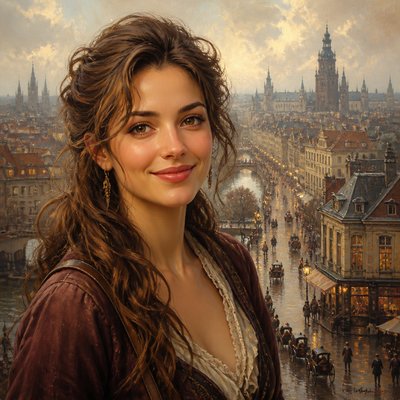 head-and-shoulders portrait of an original character: a young woman with wavy chestnut hair and a warm smile, plain soft backdrop