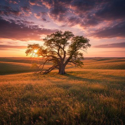 Epic Landscape Photography Style, Wide-Angle Lens, Golden Hour Lighting. A profound, sweeping photograph of a single, colossal ancient Eastern Cottonwood tree standing isolated in the center of a vast expanse of the Nebraska rolling highlands (Sandhills).

The Tree: It is massive and gnarled, a true sentinel of the plains, with a thick, deeply fissured trunk and sprawling, asymmetrical branches shaped by years of constant wind.

The Environment: The surrounding landscape is a sea of undulating, gentle hills covered in knee-high mixed-grass prairie that glows coppery-gold and sage-green in the late afternoon light. The grasses are visibly swaying in the breeze. A faint, winding dirt track leads toward the horizon.

The Sky & Light: The sky is immense and dramatic, taking up two-thirds of the frame, filled with textured cumulus clouds catching the brilliant oranges, deep purples, and soft pinks of the sunset. The light is warm, casting long shadows across the folds of the hills. The mood is quiet, vast, and solitary.