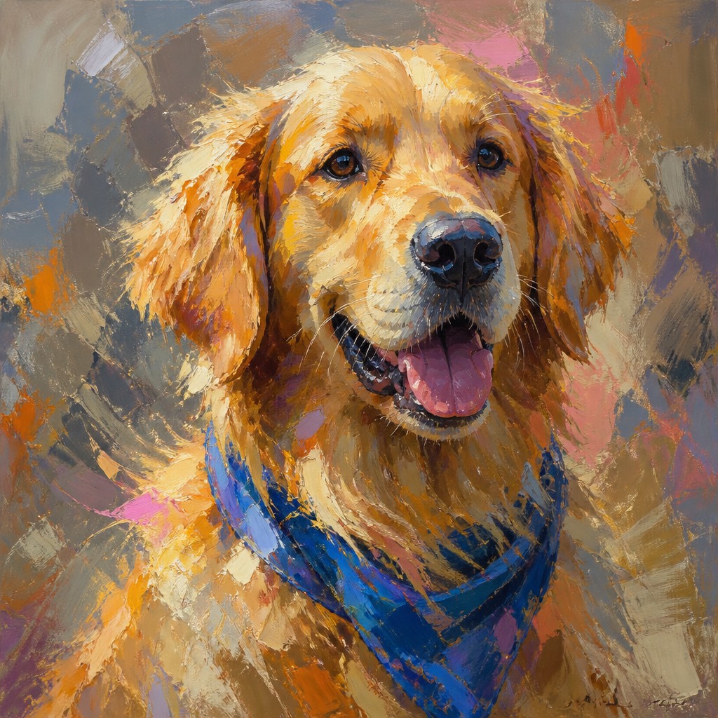 portrait of a golden retriever wearing a blue bandana, warm plain backdrop, no text
