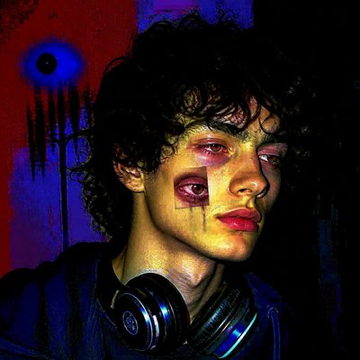 head-and-shoulders portrait of an original character: a young man with curly dark hair and headphones around his neck, plain backdrop, no text