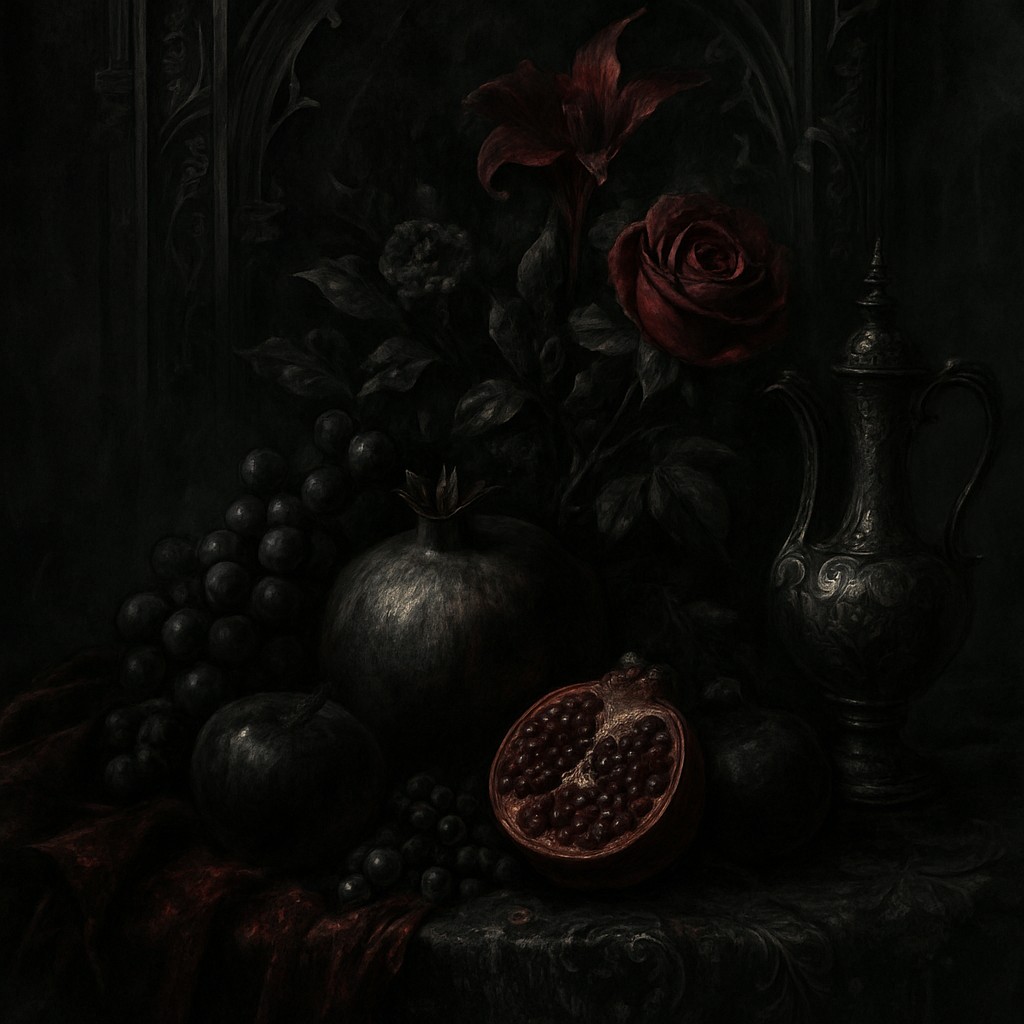 still life arrangement of fruits and flowers