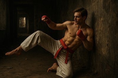 a shirtless man leaning against a wall holding an apple