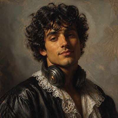 head-and-shoulders portrait of an original character: a young man with curly dark hair and headphones around his neck, plain backdrop, no text