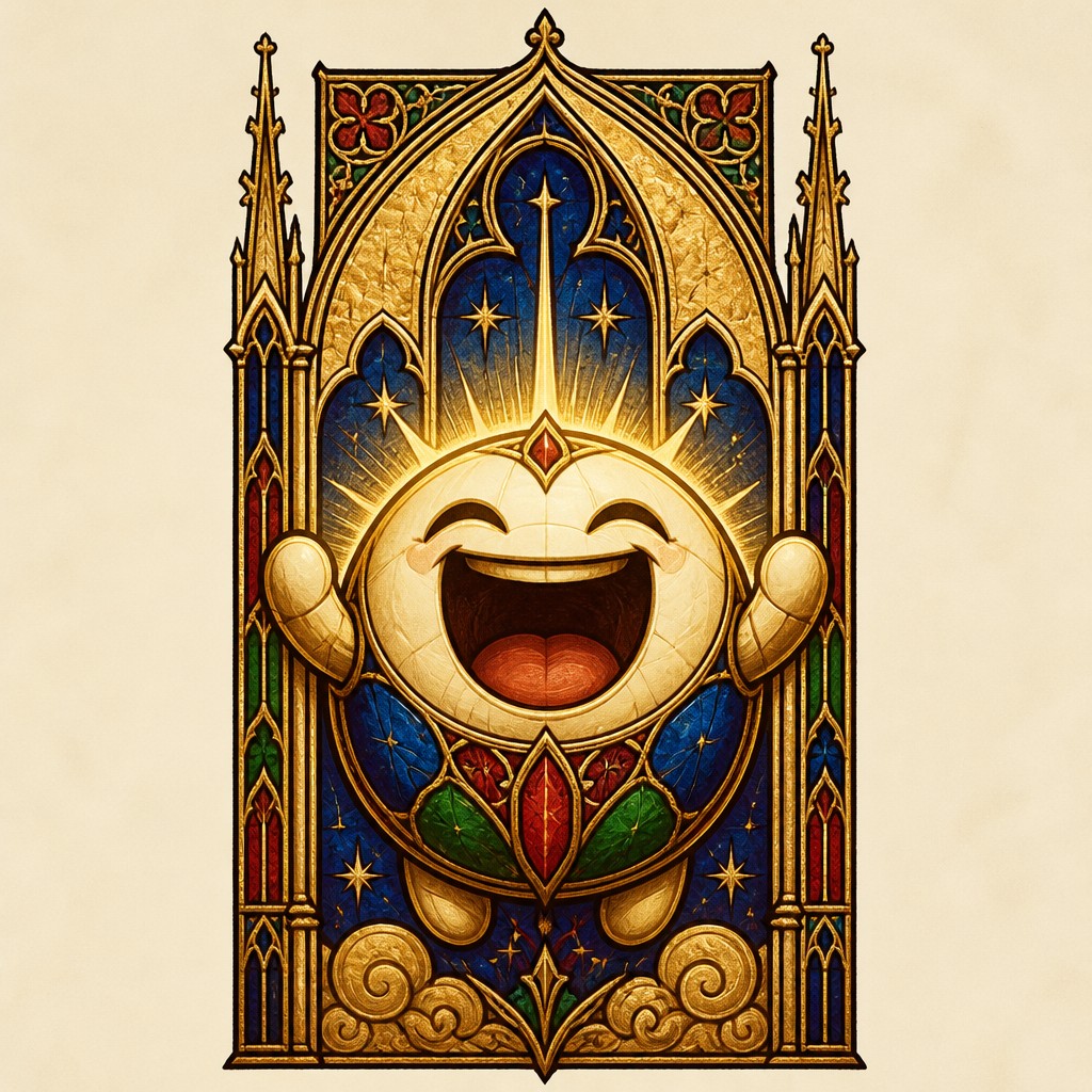 an exaggerated laughing face of an original round mascot character, bold and readable at small size, plain background, no text