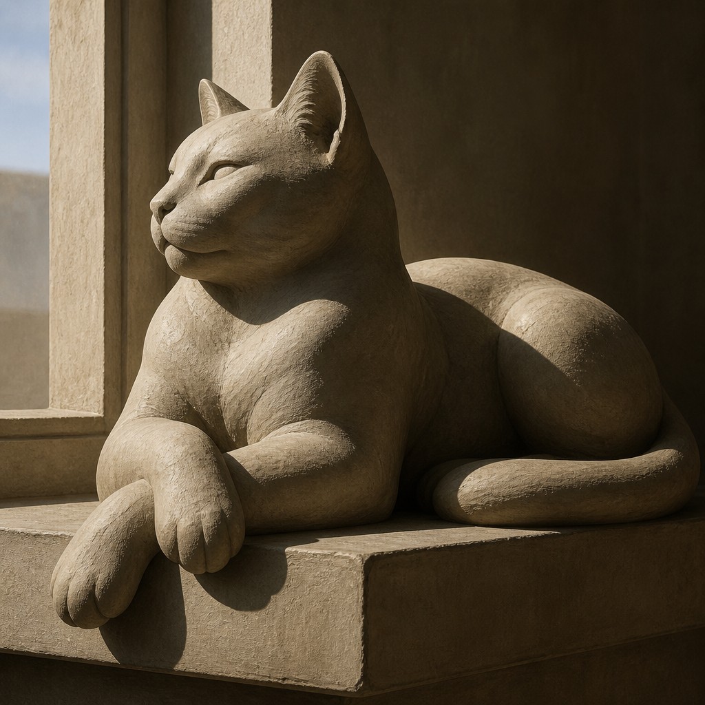 a cat lounging in a sunlit window — Sculptural Form Art Style