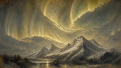 a flowing aurora over snowy peaks, wide sweeping composition, no people, no text