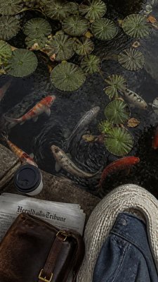 a koi pond with lily pads seen from above, no people