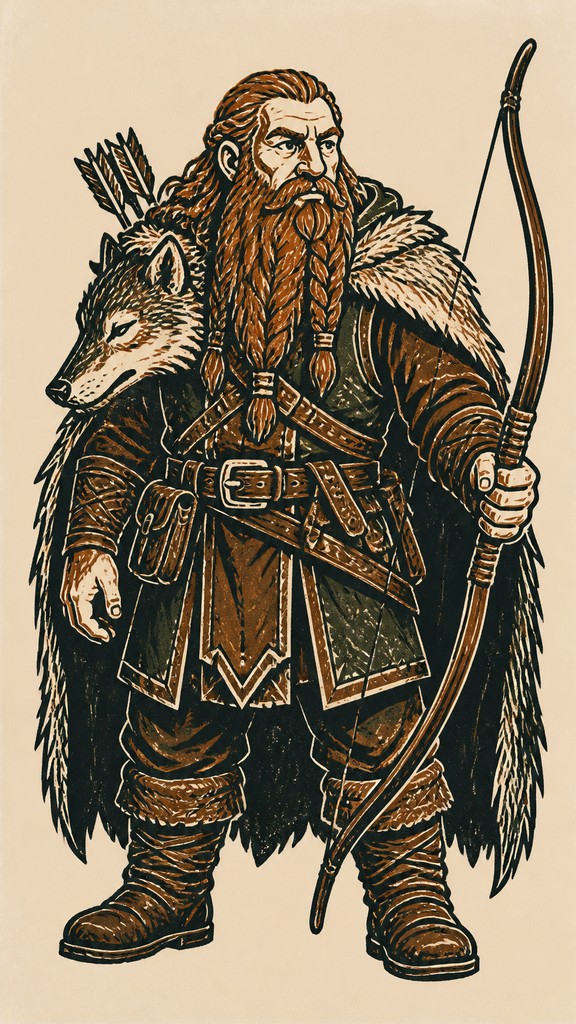 full-body original character: a dwarven ranger with a braided auburn beard, worn leather armor, a longbow and a wolf-pelt cloak, neutral background, no text