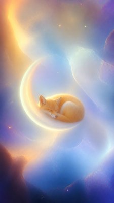 a sleeping baby fox curled on a crescent moon among soft stars, gentle and warm, no text