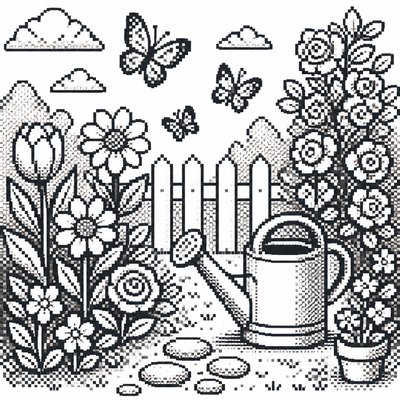 a garden scene with butterflies, flowers and a watering can, clean uncolored line art, no text