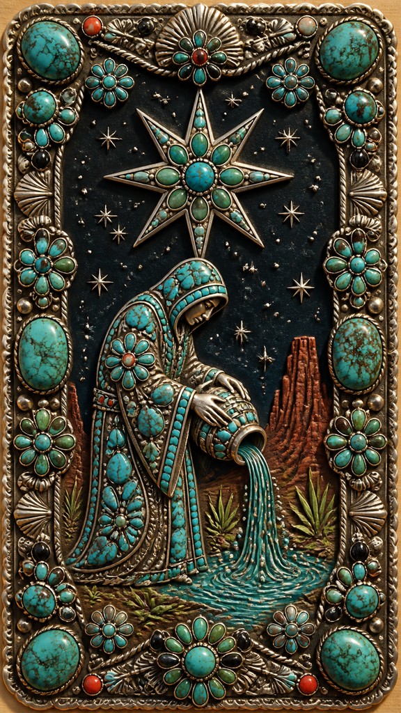 a robed figure pouring water beneath a large eight-pointed star in a night sky, symmetrical composition with an ornate decorative border, no text
