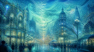 bustling city street panorama at dusk