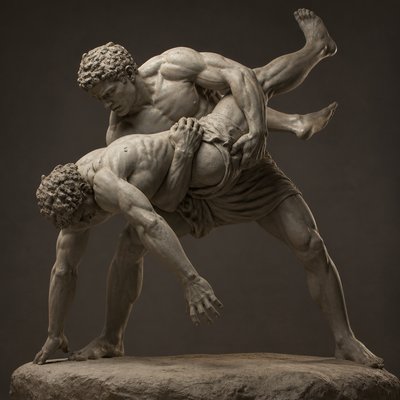 ancient greek wrestler tries to flip the other wrestler
