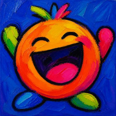 an exaggerated laughing face of an original round mascot character, bold and readable at small size, plain background, no text