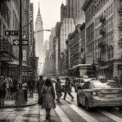 urban street with city activity — Cross-Hatching Drawing Style