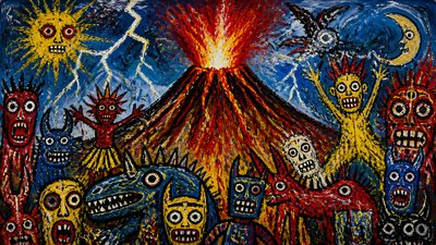 an erupting volcano with lightning strikes, dramatic wide composition, no text