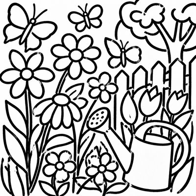 a garden scene with butterflies, flowers and a watering can, clean uncolored line art, no text
