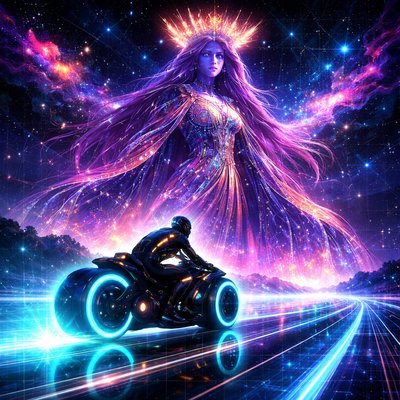 Neon-Futurism Digital Art Style, "Tron" Legacy Aesthetic, Bioluminescent and Geometric. A sleek, futuristic scene set against the digital void of deep space.

The Rider and Machine: A lone rider on a low-slung, futuristic light-sportbike speeds along. The bike has hubless wheels that glow with intense cyan light, leaving a solid ribbon trail of light behind it. The rider wears a full-coverage, armored future-suit with a sleek, integrated helmet, outlined in glowing orange and blue piping.

The Path (The Ecliptic): They are riding on the Ecliptic, rendered as a translucent, multi-lane highway of flowing data streams and laser grids stretching infinitely into the cosmos.

The Constellation (Honorable Virgo): Dominating the background is the immense, celestial avatar of Virgo. She is starry but modest without any nakedness and is draped in voluminous, flowing robes woven from glowing violet and gold circuit patterns and data tapestries. She wears a stylized digital crown or halo representing wheat stalks. She is a dignified, colossal queen of light, looking down calmly at the rider passing her domain.

Atmosphere: The background is a dark grid of space filled with geometric nebulae and distant, pixelated stars. The lighting is entirely sourced from the glowing neon elements.