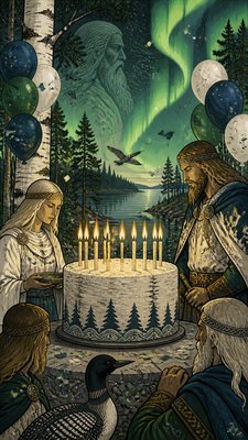 a birthday cake with lit candles surrounded by balloons and confetti, festive vertical composition, no text