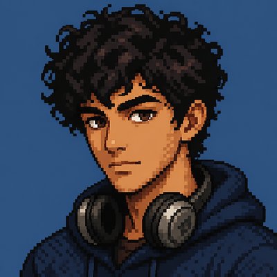 head-and-shoulders portrait of an original character: a young man with curly dark hair and headphones around his neck, plain backdrop, no text