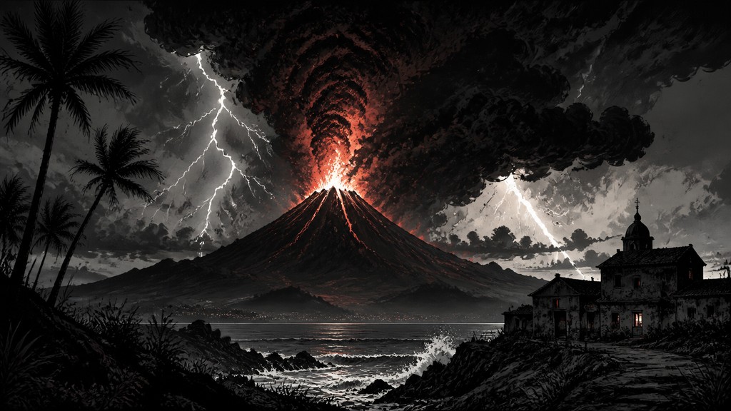 an erupting volcano with lightning strikes, dramatic wide composition, no text