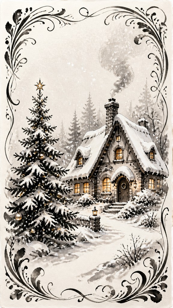 a snow-covered cottage with warm glowing windows beside a decorated pine tree, gentle snowfall, no text