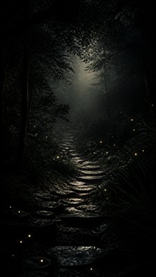 a mysterious forest path with fireflies and drifting mist, atmospheric vertical composition with open space at the top, no text