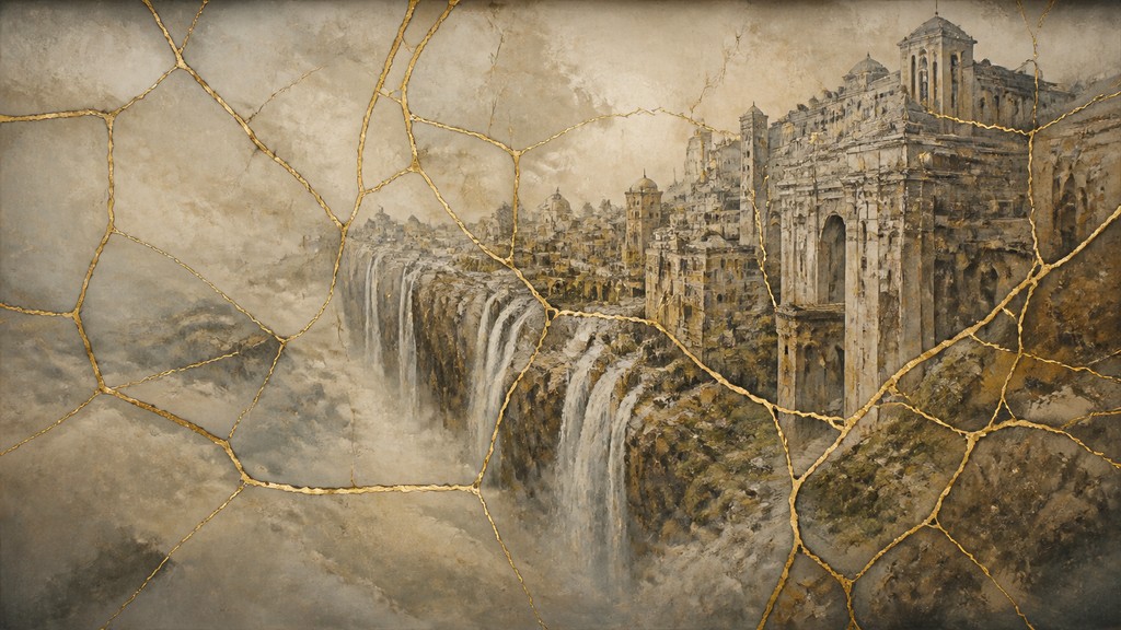 a cliffside city with waterfalls cascading into a misty canyon, wide establishing shot, no people, no text