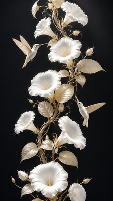a climbing vine of flowers and hummingbirds on a dark background, tall wrapping composition, no text