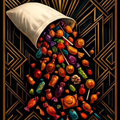 A dynamic, eye-level shot of a large, white fabric pillowcase (perhaps with subtle wrinkles or a simple pattern) being tilted sideways, with an enormous, colorful cascade of Halloween candy pouring out of its opening. The candy is a vibrant mix of popular, recognizable types: individually wrapped chocolates, lollipops, brightly colored hard candies, chewy sweets, and small bags of treats. The candies should be mid-air, tumbling and spilling across the frame, creating a sense of energetic abundance