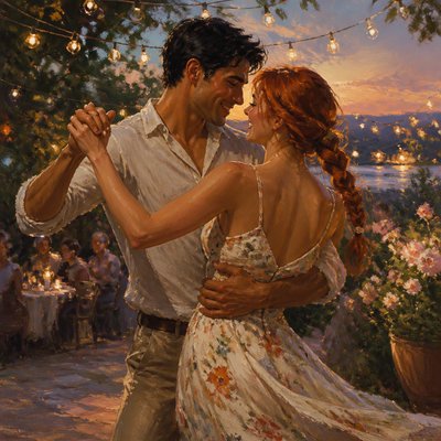 an original couple dancing under string lights in a garden at dusk: a man with short black hair in a linen shirt and a woman with braided red hair in a summer dress