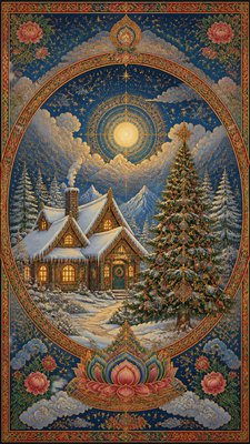a snow-covered cottage with warm glowing windows beside a decorated pine tree, gentle snowfall, no text