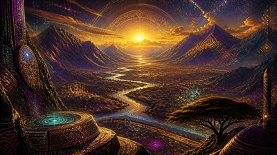 a vast valley with a river winding toward distant mountains at sunrise, no people, no text
