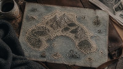 a map of an island realm with mountains, forests, a sheltered bay, sea monsters in the water and a compass rose, no text labels