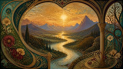 a vast valley with a river winding toward distant mountains at sunrise, no people, no text