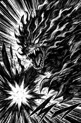 a black and white drawing of a dragon