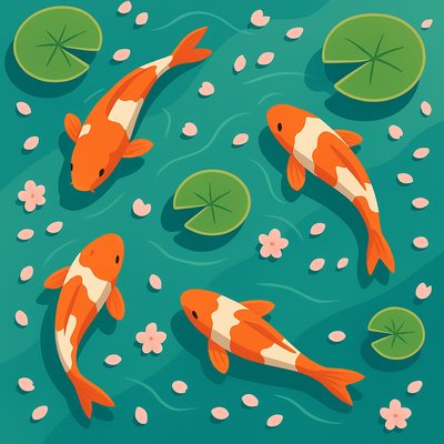 A koi pond seen from above, orange and white koi fish swimming among lily pads, clear water with subtle ripples, fallen cherry blossom petals floating on the surface, dappled sunlight
