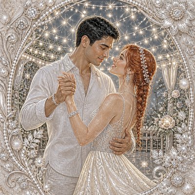 an original couple dancing under string lights in a garden at dusk: a man with short black hair in a linen shirt and a woman with braided red hair in a summer dress