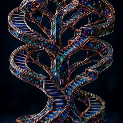 in the style of M.C. Escher, an array of endless staircases of impossible loops and bi-directional pathways, spiraling through a giant tree, Cinematic vibrant reflective jewel-toned colors, black background