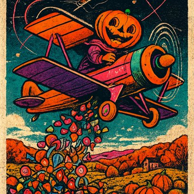 A fantastically cheerful and dynamic scene featuring the happy pumpkin-head figure (with the swirled, smiling carved face and internal glow) as the pilot of a classic, brightly colored biplane. The biplane itself is whimsically designed, perhaps with candy-themed accents or painted in vibrant, cheerful colors like orange, purple, and green.

The biplane is soaring through a clear, azure autumn sky, actively 'crop-dusting' a massive, exuberant stream of colorful Halloween candy from its underside. The candy (an abundant mix of wrapped chocolates, lollipops, candy corn, and various sweets) cascades downwards in a wide, joyous plume, spreading across the landscape below.

The landscape beneath the biplane is an idyllic, festive autumnal scene: rolling hills covered in vibrant fall foliage (golden, red, orange trees), a charming pumpkin patch, or a quaint, candy-colored village. The perspective is dynamic, capturing the plane in motion with the candy streaming behind it. The lighting is bright and sunny, emphasizing the vivid colors of the plane, the candy, and the autumn scenery. The overall mood is one of pure, unadulterated joy, playful magic, and festive exuberance, like a sugary parade from the sky." "pop art style, bold outlines, vibrant flat colors, dynamic composition, graphic novel aesthetic, strong visual impact"
