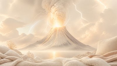 an erupting volcano with lightning strikes, dramatic wide composition, no text