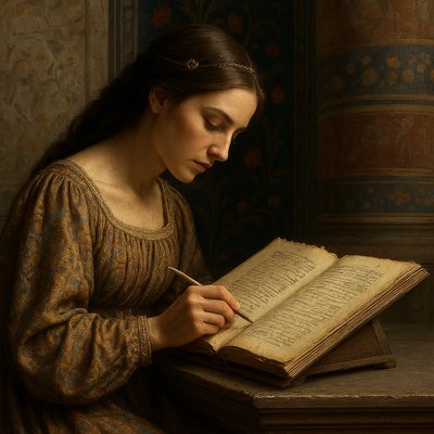 a painting of a woman reading a book