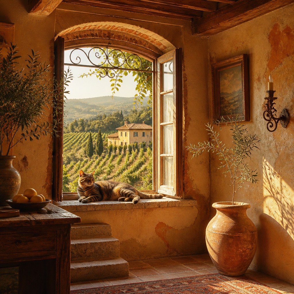 a cat lounging in a sunlit window — Tuscan Interior Design