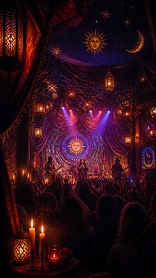 a live music scene with a glowing stage and silhouetted crowd, energetic vertical composition with open space at the top, no text