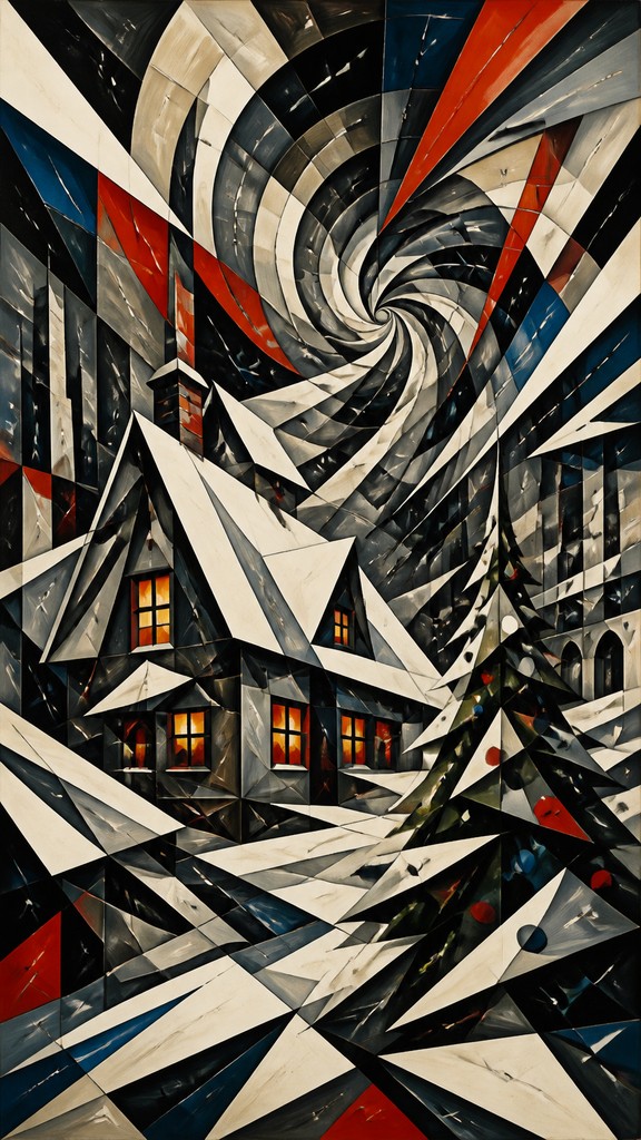 a snow-covered cottage with warm glowing windows beside a decorated pine tree, gentle snowfall, no text