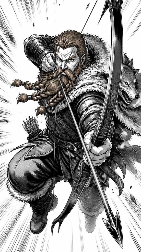 full-body original character: a dwarven ranger with a braided auburn beard, worn leather armor, a longbow and a wolf-pelt cloak, neutral background, no text