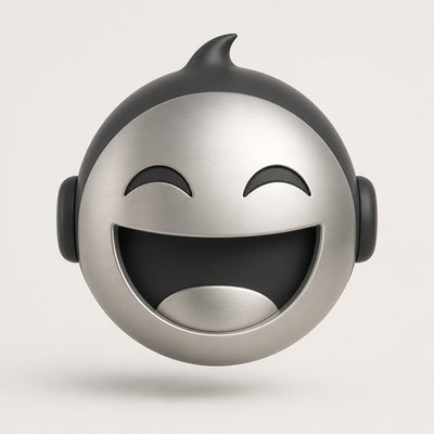 an exaggerated laughing face of an original round mascot character, bold and readable at small size, plain background, no text