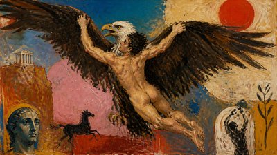 a  large eagle carries an ignudi greek athlete clinging to its wings

