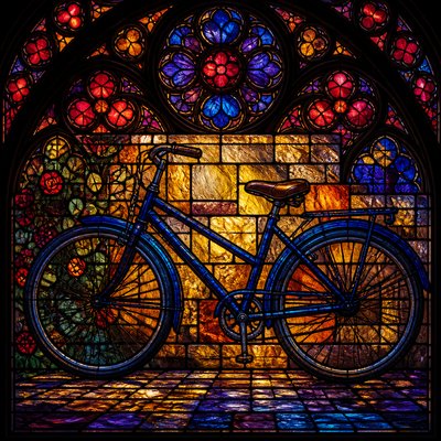 bicyle resting against a wall — Stained Glass Art Style