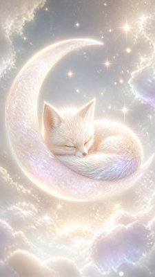 a sleeping baby fox curled on a crescent moon among soft stars, gentle and warm, no text